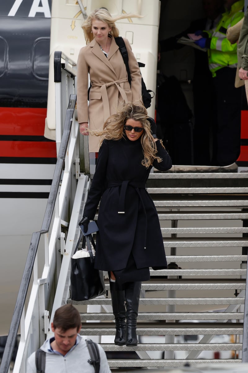 Bettina Anderson and Natalie Harp disembark "Trump Force One" at Aberdeen Airport on May 1, 2023 in Aberdeen, Scotland.