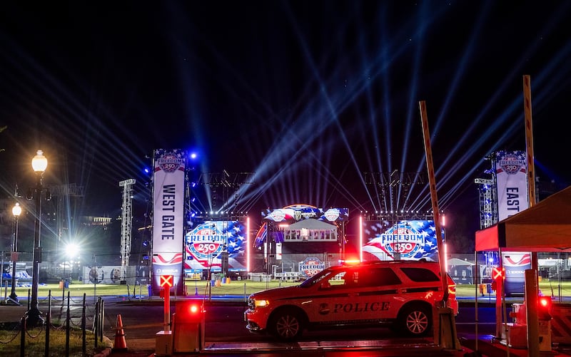 Stage lights are tested for the upcoming Ultimate Fighting Championship Freedom 250 event on the South Lawn of the White House on June 10, 2026 in Washington, DC.