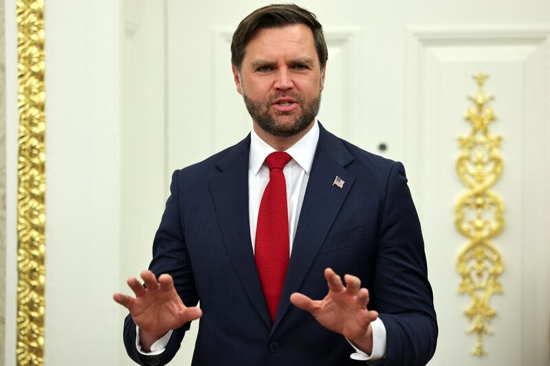 U.S. Vice President JD Vance speaks as U.S. President Donald Trump (not pictured) and Apple CEO Tim Cook (not pictured) present Apple's announcement of a $100 billion investment in U.S. manufacturing, in the Oval Office at the White House in Washington, D.C., U.S., August 6, 2025.