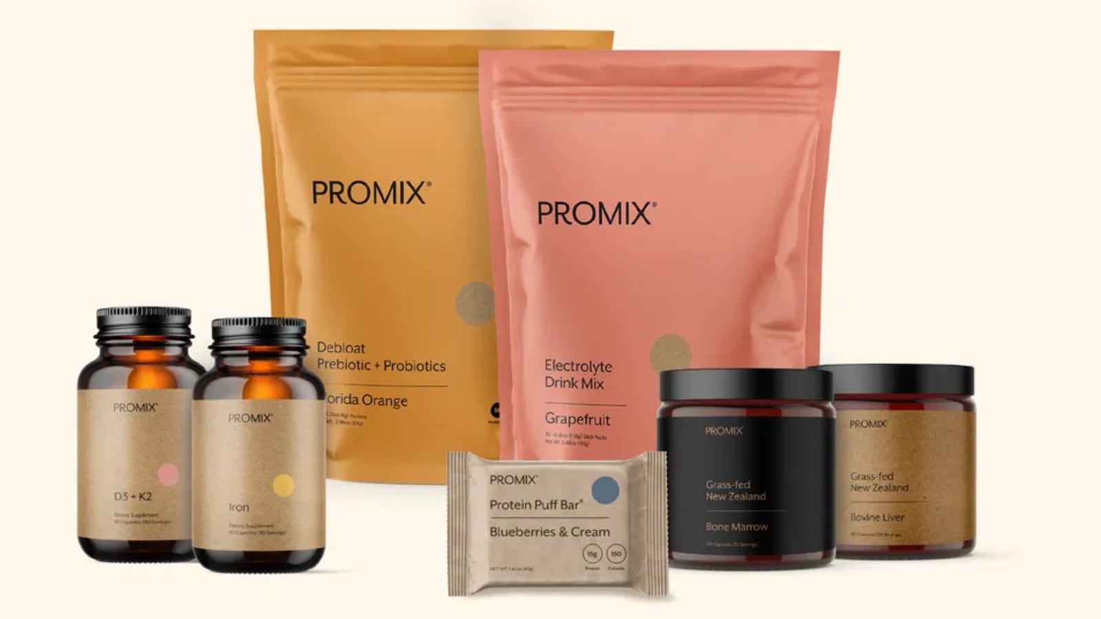 Collection of PROMIX supplements and protein powders, including Prebiotic + Probiotics Debloat, Electrolyte Drink Mix, Protein Puff Bar, Grass-fed Bone Marrow, Bovine Liver, and dietary supplements in D3 + K2 and Iron. Designed for health and wellness.