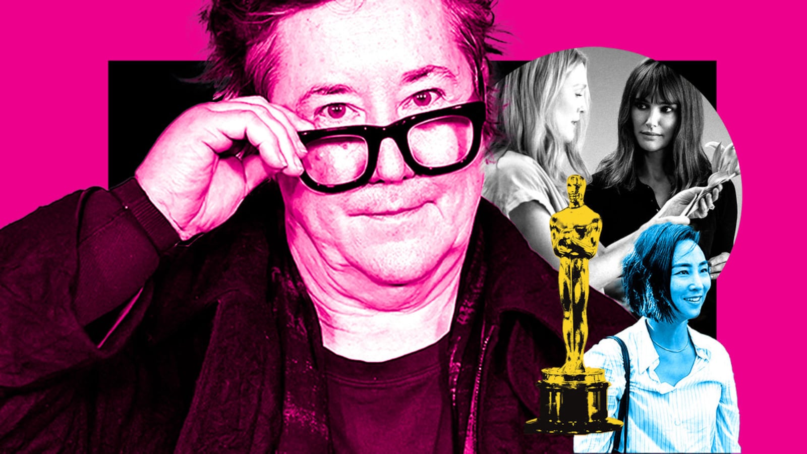 A photo illustration of Christine Vachon with stills from ‘Past Lives’ and ‘May December’ and an Oscar statue