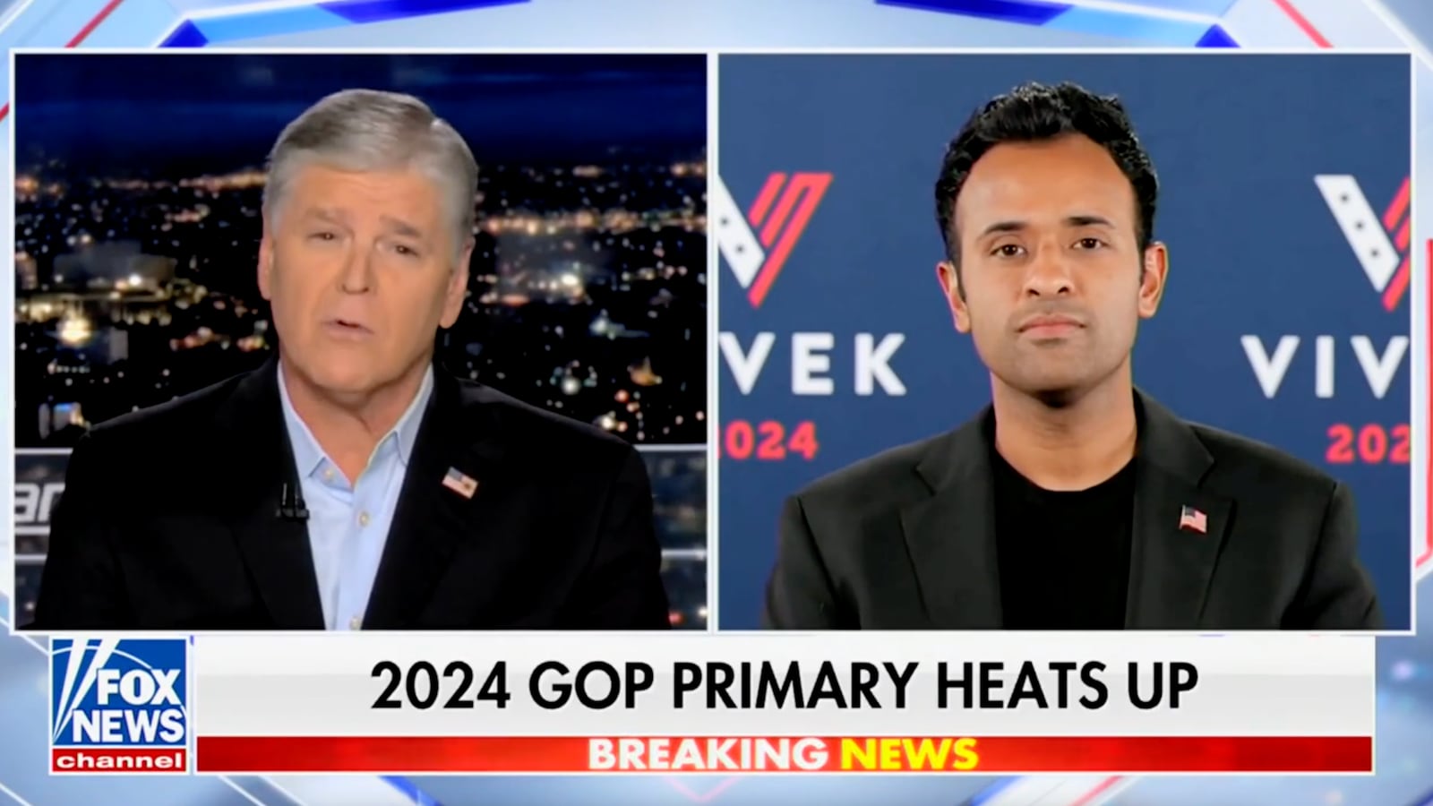 Vivek Ramaswamy discusses his views on Israel with Sean Hannity on Fox News.