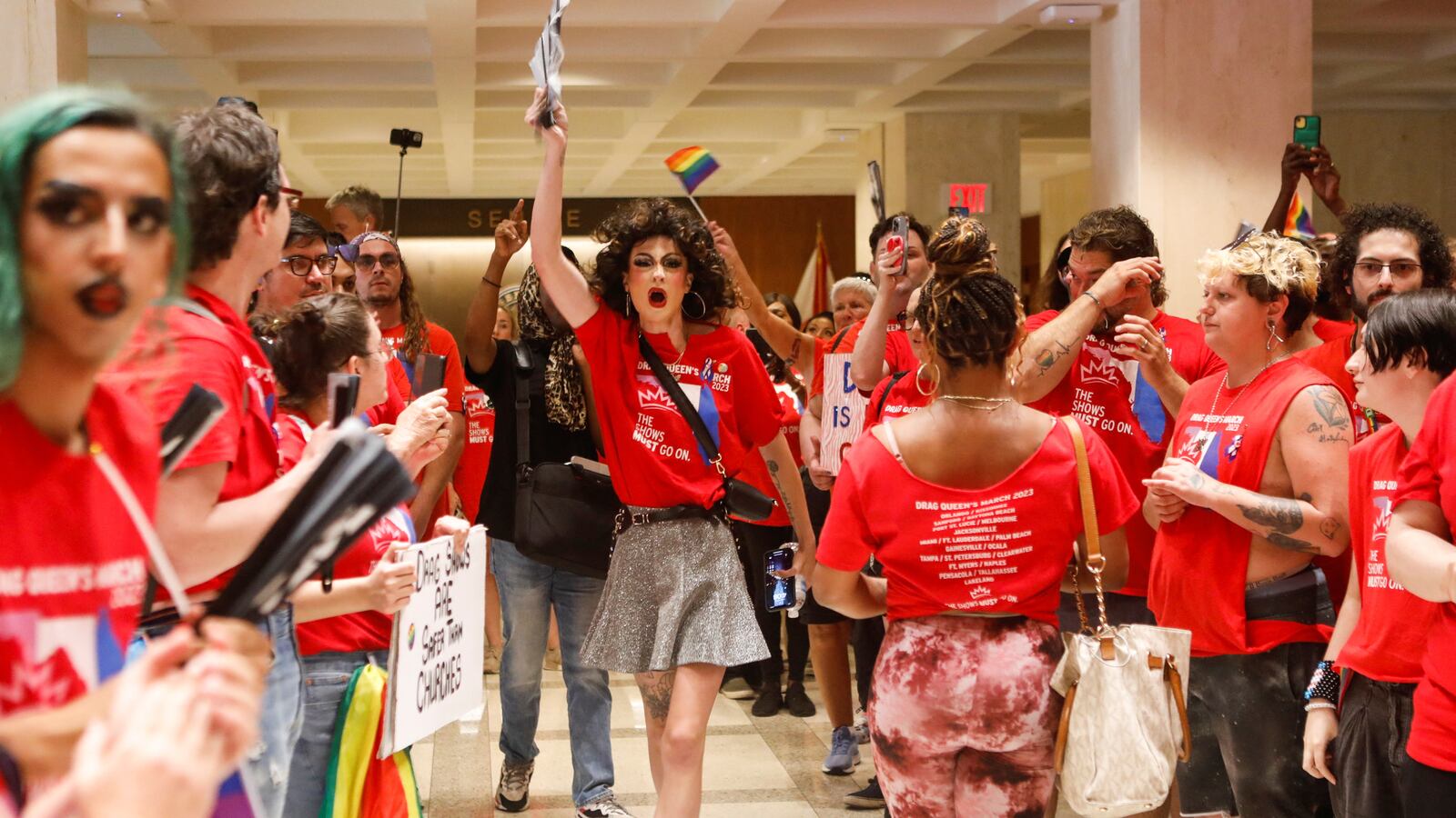 Supporters of the drag community protest against Florida's 'Protection of Children' bill which would ban children at live adult performances, inside the state capitol in Tallahassee, Florida, U.S. April 25, 2023.