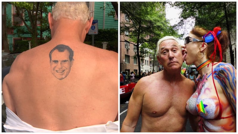 Roger Stone showing off Nixon tattoo, Stone being licked by a scantily clad woman.