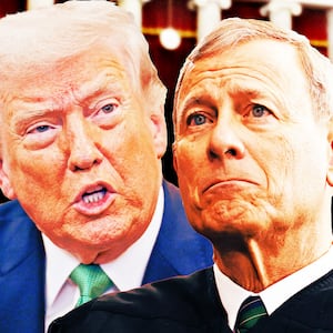 Donald Trump, John Roberts, and the courtroom of the Supreme Court.