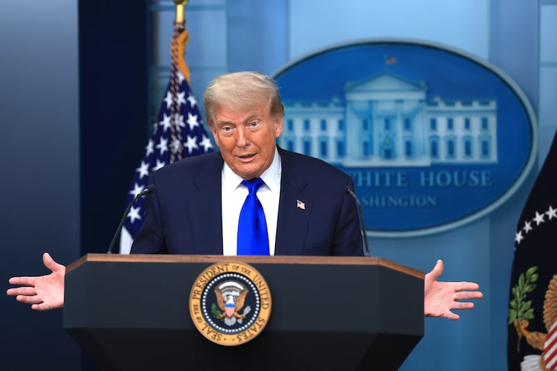 President Donald Trump answers questions during a press conference on recent Supreme Court rulings in the briefing room at the White House on June 27, 2025, in Washington, DC.
