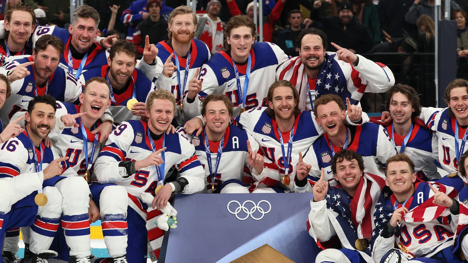 Gold medalists, Team United States, pose for a team photo during the medal ceremony following the Men's Gold Medal match between Canada and the United States.
