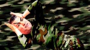 Pete Hegseth throwing a tantrum on camouflage background