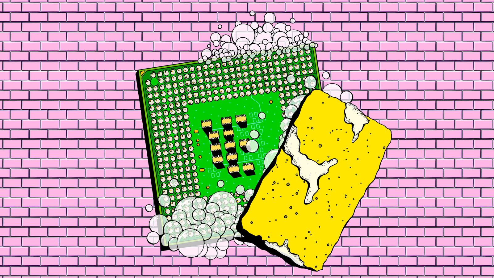 Illustration of a computer chip with a sponge and bubbles on a subway tile background