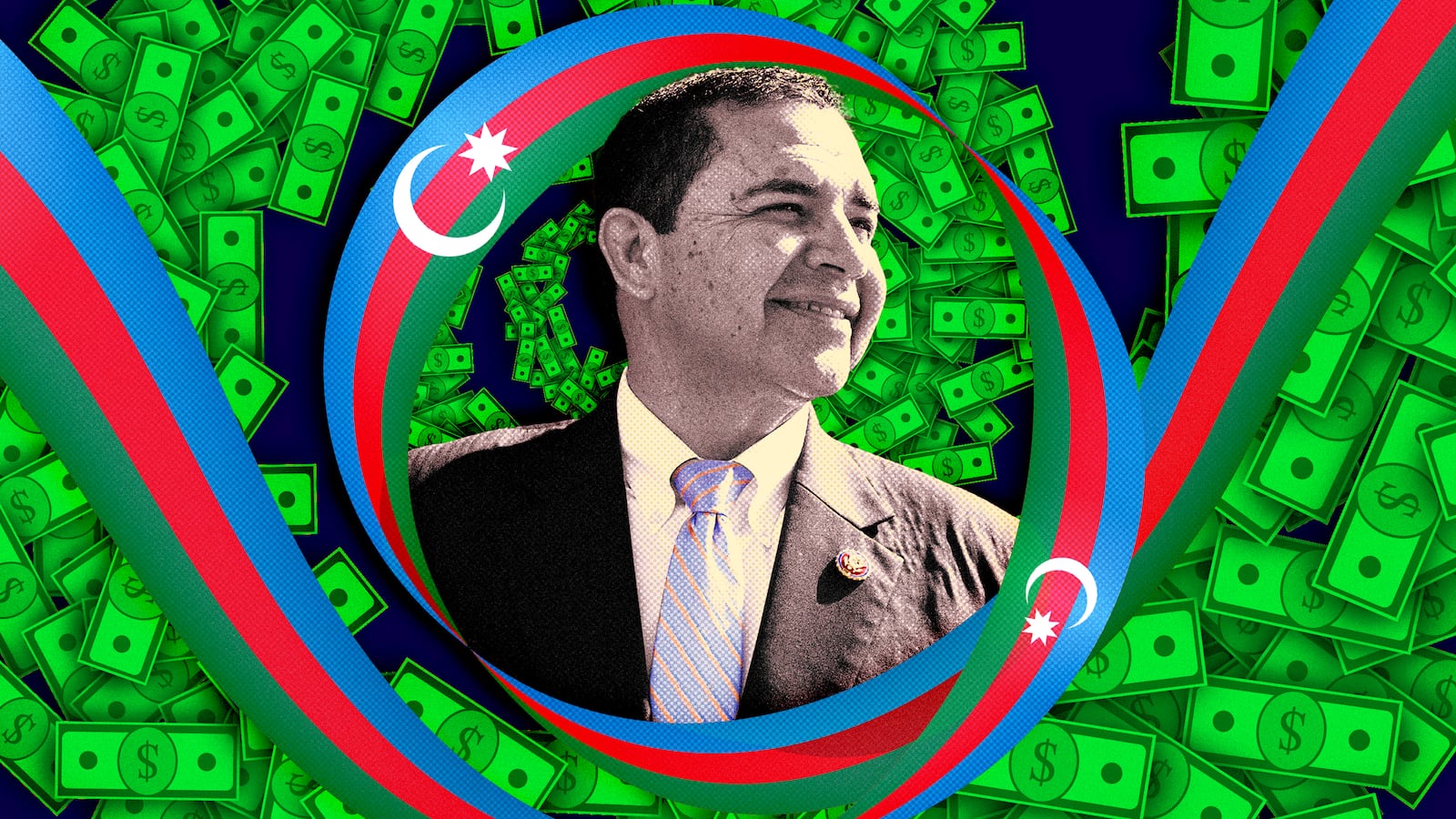 A photo illustration of Rep. Henry Cuellar, money, and the flag of Azerbaijan.