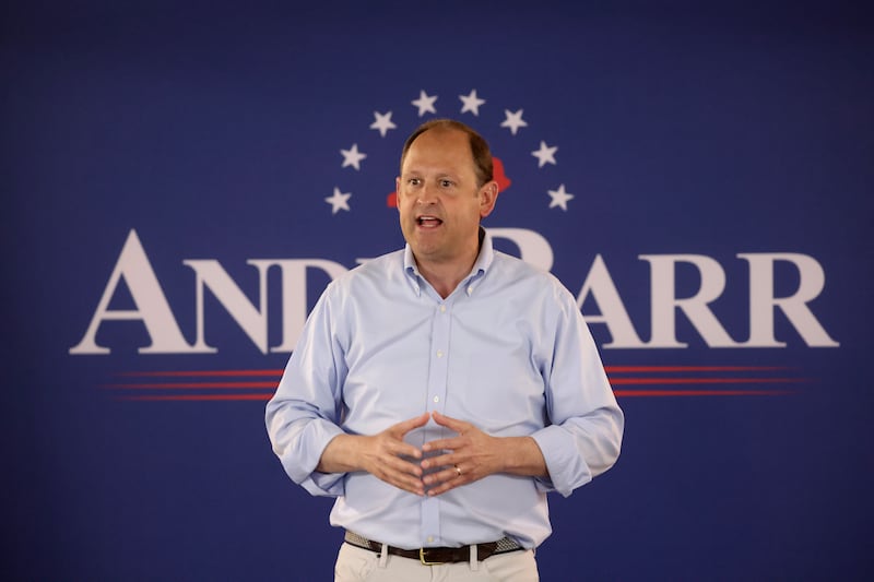 Kentucky Senate candidate Rep. Andy Barr speaks during a campaign stop on May 15, 2026 just after he was endorsed by President Donald Trump.
