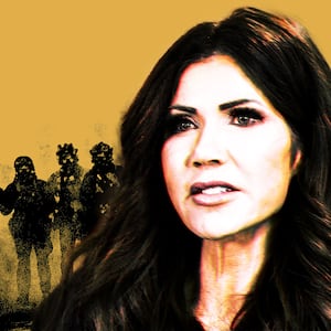 Kristi Noem in front of ICE officers throwing something toward protestors in Minneapolis, Minnesota