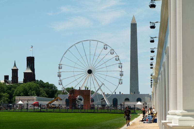 Construction of a smaller replica of U.S. President Donald Trump's proposed 250-foot 'Triumphal Arch' and the Freedom 250 Wheel for the Great American State Fair continue ahead of the 250th anniversary of U.S. independence, on the National Mall in Washington, D.C., U.S., June 20, 2026.