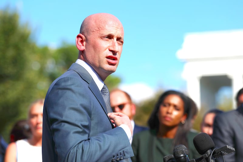 Deputy White House Chief of Staff Stephen Miller speaks to reporters outside of the White House on October 06, 2025 in Washington, DC.