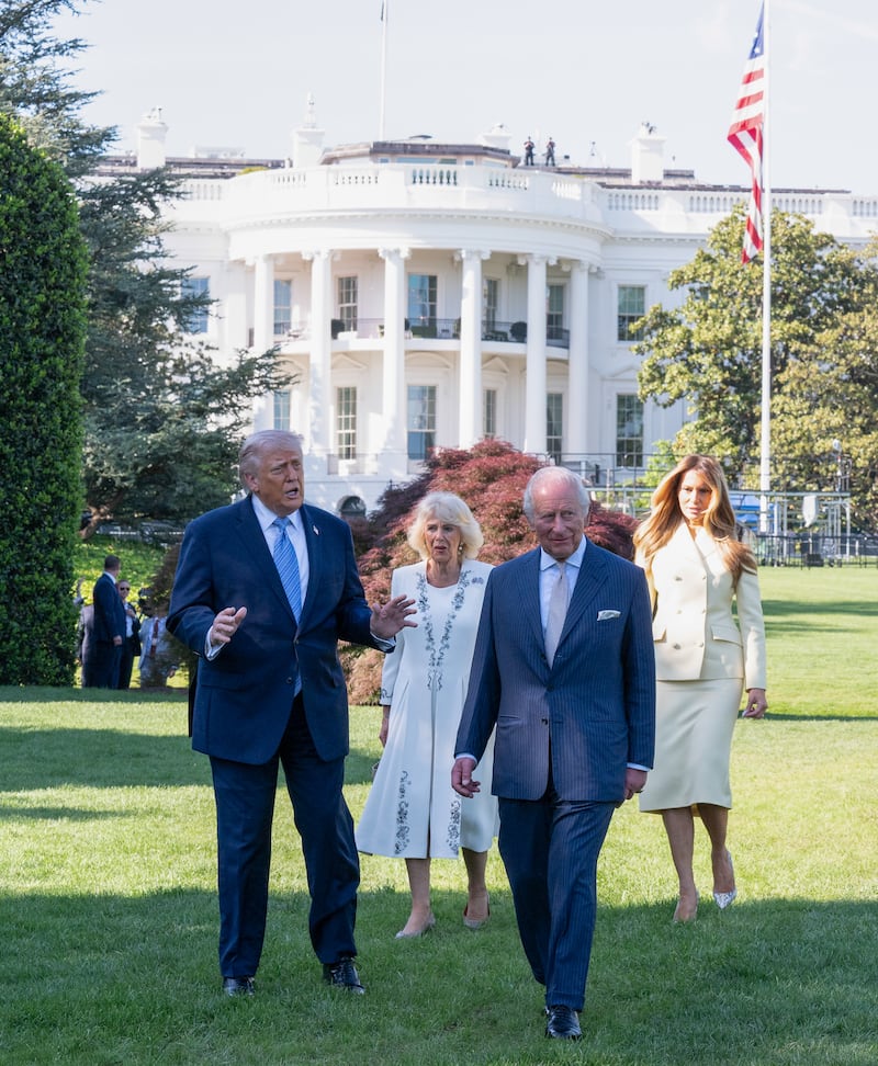 WASHINGTON, DC - APRIL 27: (NO UK SALES FOR 28 DAYS) U.S. President Donald Trump and first lady Melania Trump host King Charles III and Queen Camilla for afternoon tea at the White House on day one of their State Visit to the United States of America on April 27, 2026 in Washington, D.C. The visit will include stops at the nation's capital, New York City, and Virginia, arranged to celebrate the United States of America's 250th anniversary of its independence.  (Photo by Francis Dias/Pool - via Samir Hussein/WireImage)