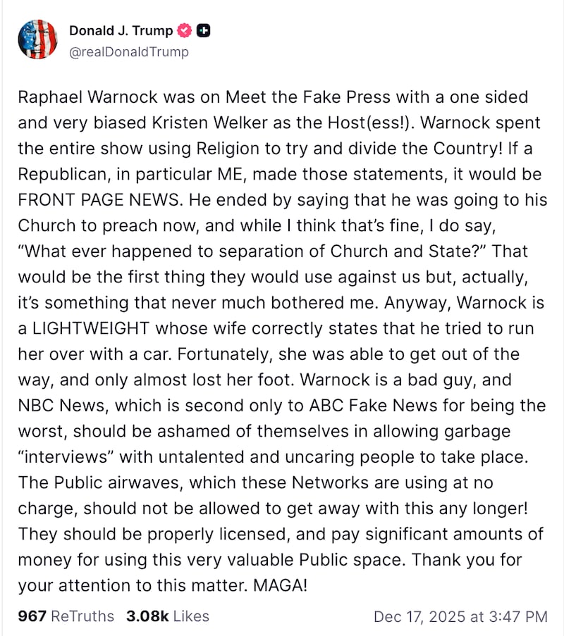 Trump attacked Georgia Sen. Raphael Warnock, NBC News anchor Kristen Welker, and Welker's employer.