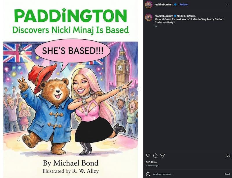 Tim Burchett posts about Nicki Minaj and Paddington on Instagram.