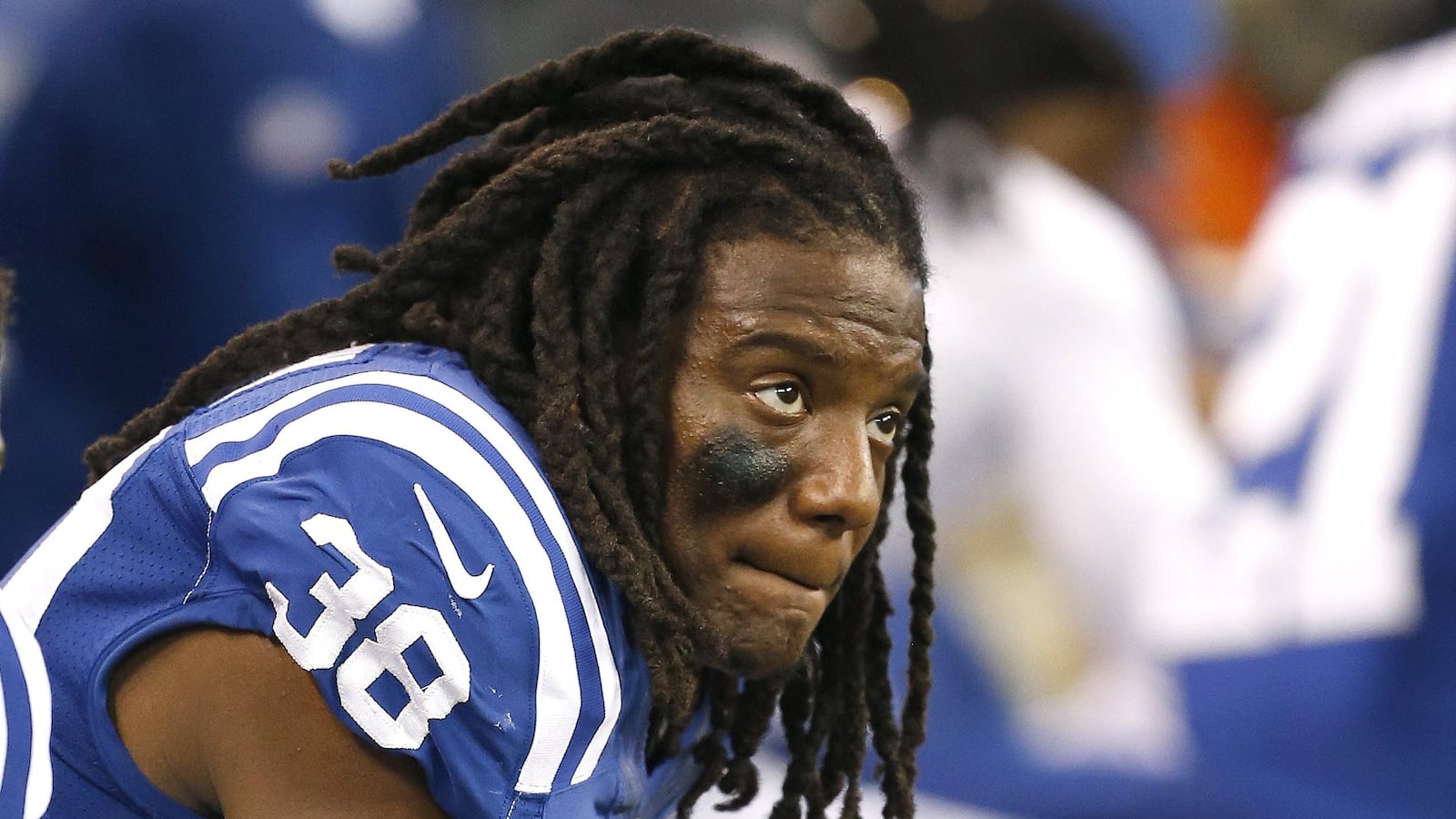 Indianapolis Colts defensive back Sergio Brown (38) sit in the bench area during the loss