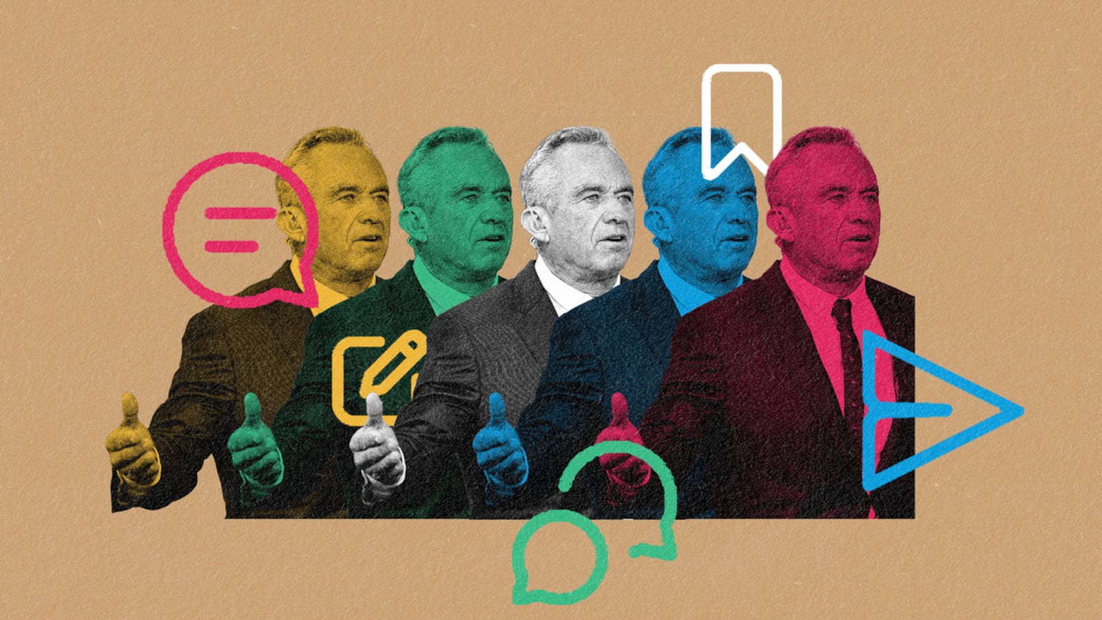 A photo illustration of Robert F. Kennedy Jr. overlayed with Slack imagery.