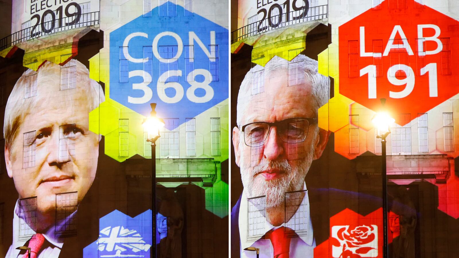 The broadcaster's exit poll results projected on the outside of the BBC building in London.