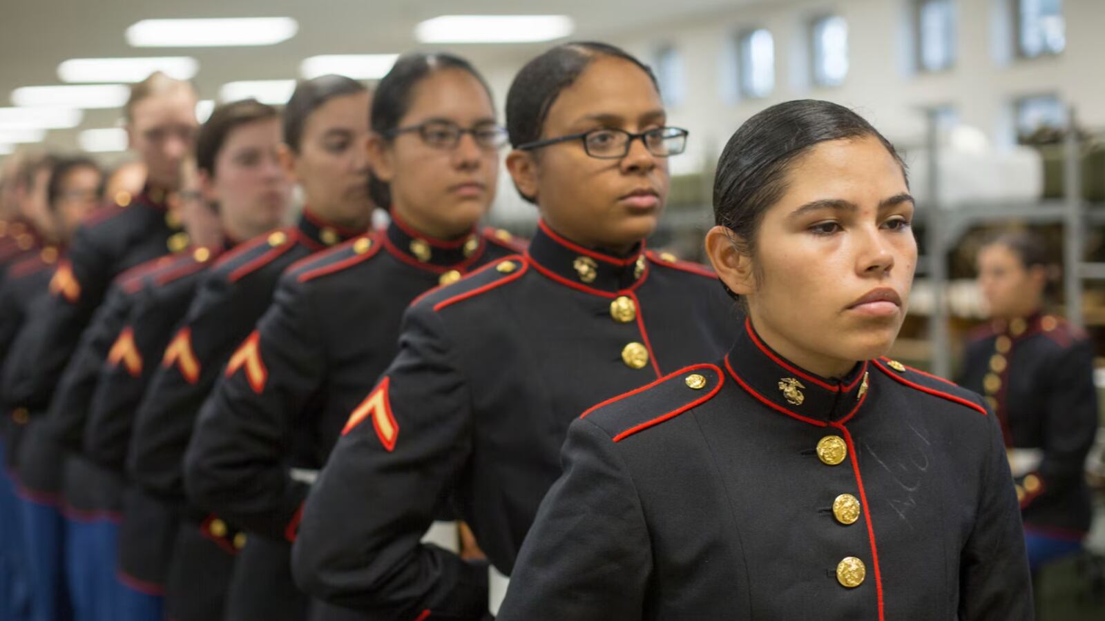 A picture of female Marine Corps officers. The Marine Corps announced Wednesday that it was dropping its mandate requiring that female staff noncommissioned officers and officers wear skirts for their evening dress uniform.