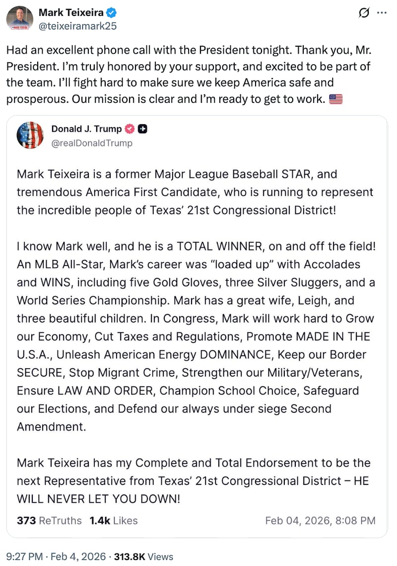 Congressional hopeful Mark Teixeira shares Trump's Truth Social endorsement on X.
