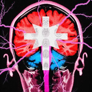 A brain scan with a scientology symbol.