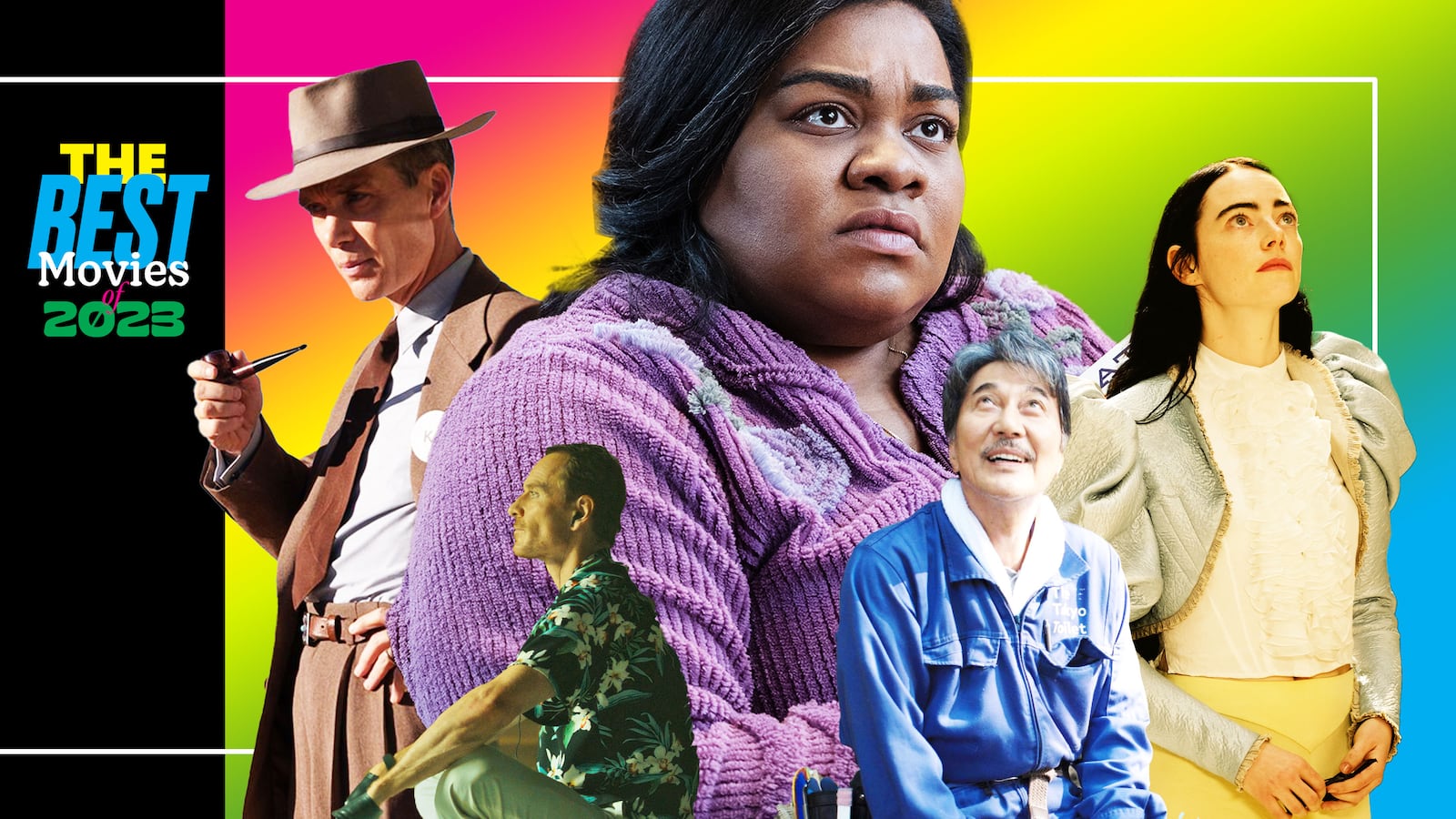 A photo illustration fo Da'Vine Joy, Michael Fassbender, Cillian Murphy, Emma Stone and Kōji Yakusho