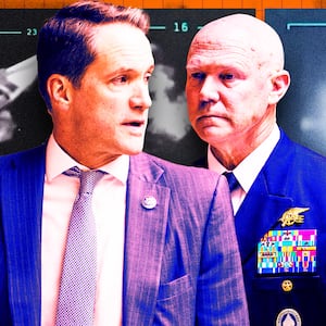 A photo illustration of Rep. Jim Himes and Navy Adm. Frank Bradley and the Sept. 2 boat strikes.