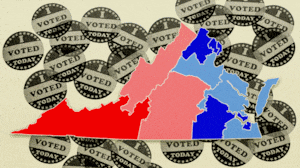 Congressional maps of Virginia in front of voting stickers