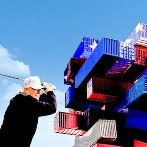 Donald Trump whacking a stack of shipping containers full of imports with his golf club.