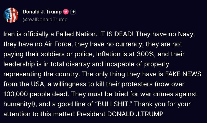 Screenshot of Trump's Truth Social post.