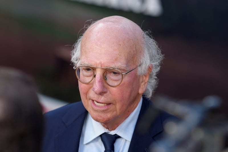 Larry David, executive producer, co-creator, writer and cast member, speaks to reporters at the premiere of the HBO comedy limited series "Life, Larry and the Pursuit of Unhappiness" in Los Angeles, California, U.S., June 23, 2026.