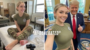 photos from jessicaa.foster instagram showing an ai woman on a bed with her feet showing and with Donald Trump