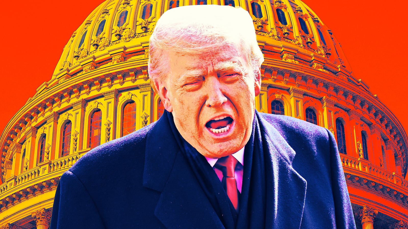 A photo illustration of Trump in front of the Capitol building.