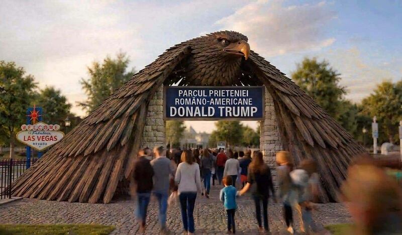 A gateway in the form of an eagle, with a sign saying Donald Trump.