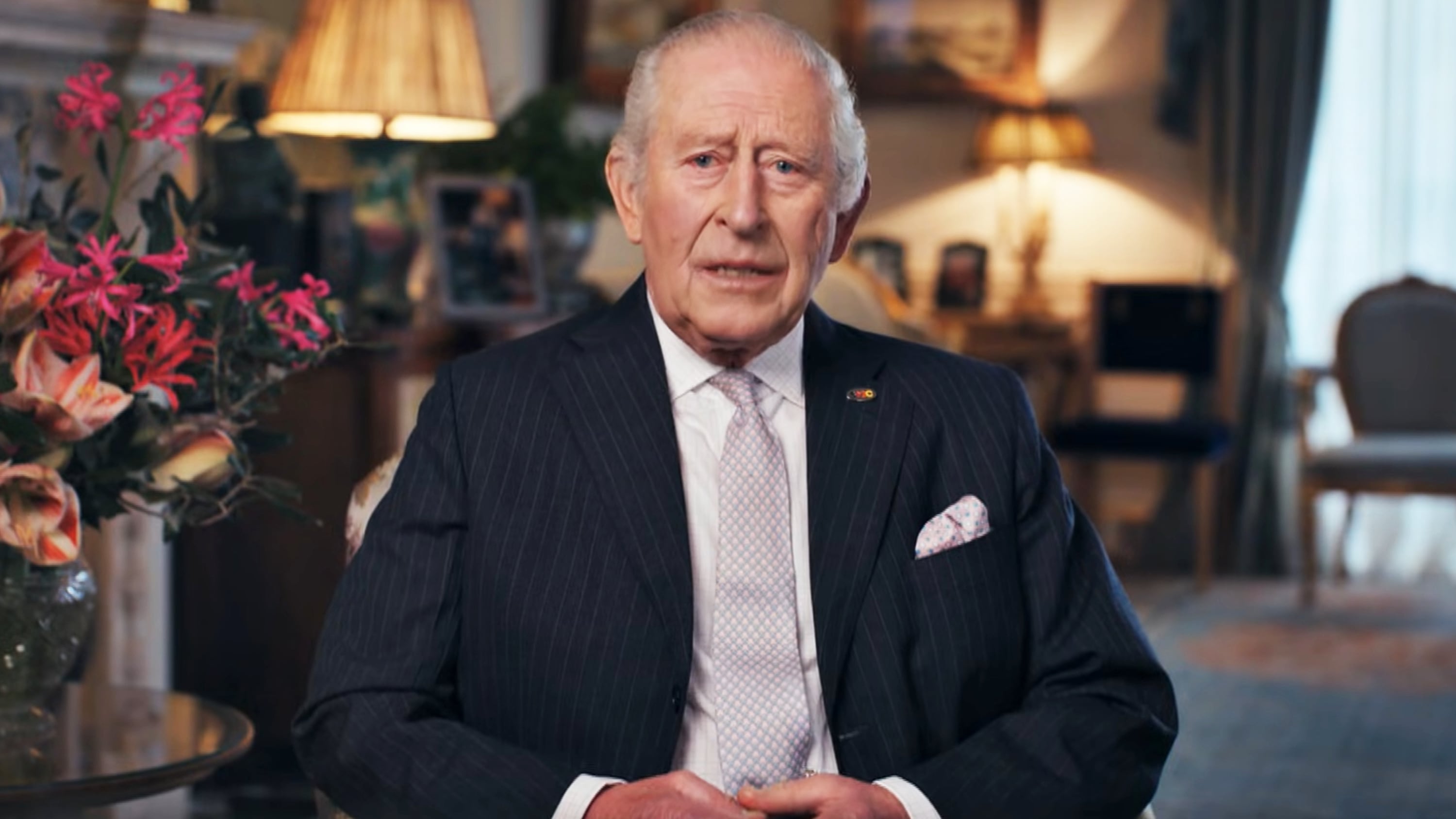 King Charles III sits in The Morning Room at Clarence House, London, recording a personal message, to be broadcast today, as part of Stand Up To Cancer 2025, a joint campaign from Cancer Research UK and Channel 4.