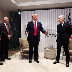 U.S. Treasury Secretary Scott Bessent, Secretary of State Marco Rubio and U.S. Ambassador to Canada Pete Hoekstra attend a meeting between U.S. President Donald Trump and Canadian Prime Minister Mark Carney, at the G7 summit in Kananaskis, Alberta, Canada,  June 16, 2025.  REUTERS/Kevin Lamarque
