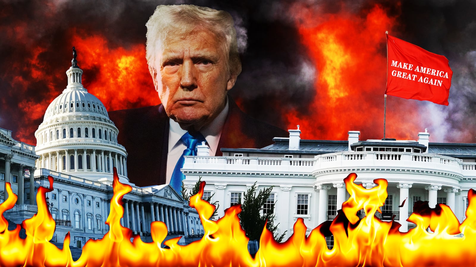 Donald Trump, burning Washington DC illustration