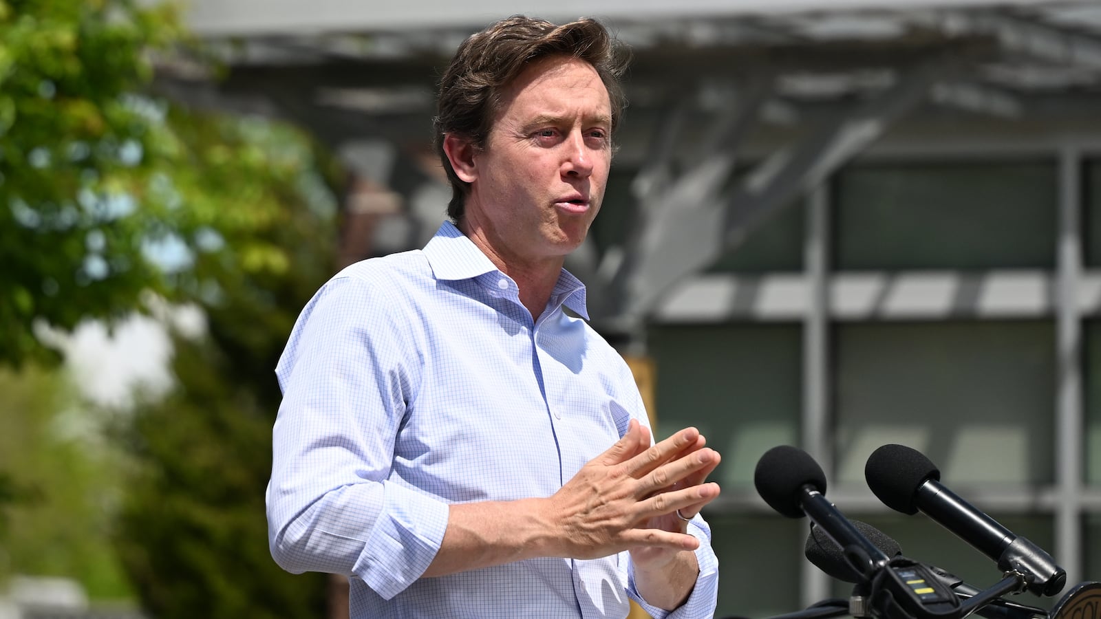 Denver Mayor Mike Johnston announced plans to create a Department of Neighborhood Safety during a press conference outside in the parking lot of the Park Hill Boys and Girls Club in Denver, Colorado on May 13, 2024.