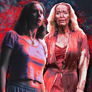 A photo illustration of Gillian Anderson and Hannah Einbinder in Teenage Sex and Death at Camp Miasma.