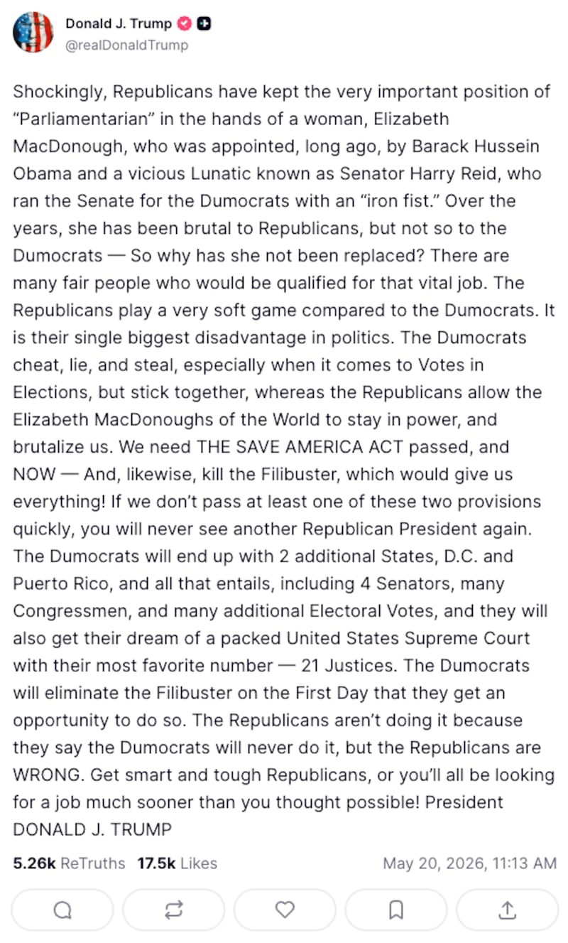 Screenshot of a long post by Donald Trump on his social media app, Truth Social