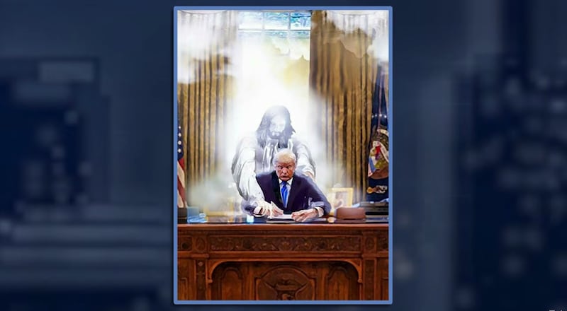 Jimmy Kimmel Live!, old picture of Trump with the spirit of Jesus leaning over his shoulder.