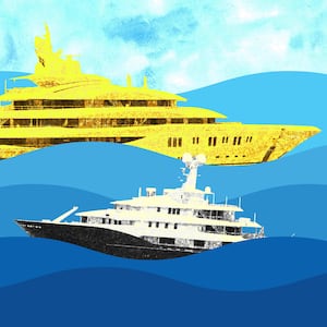 A photo illustration of a super yacht and smaller yacht in the ocean.