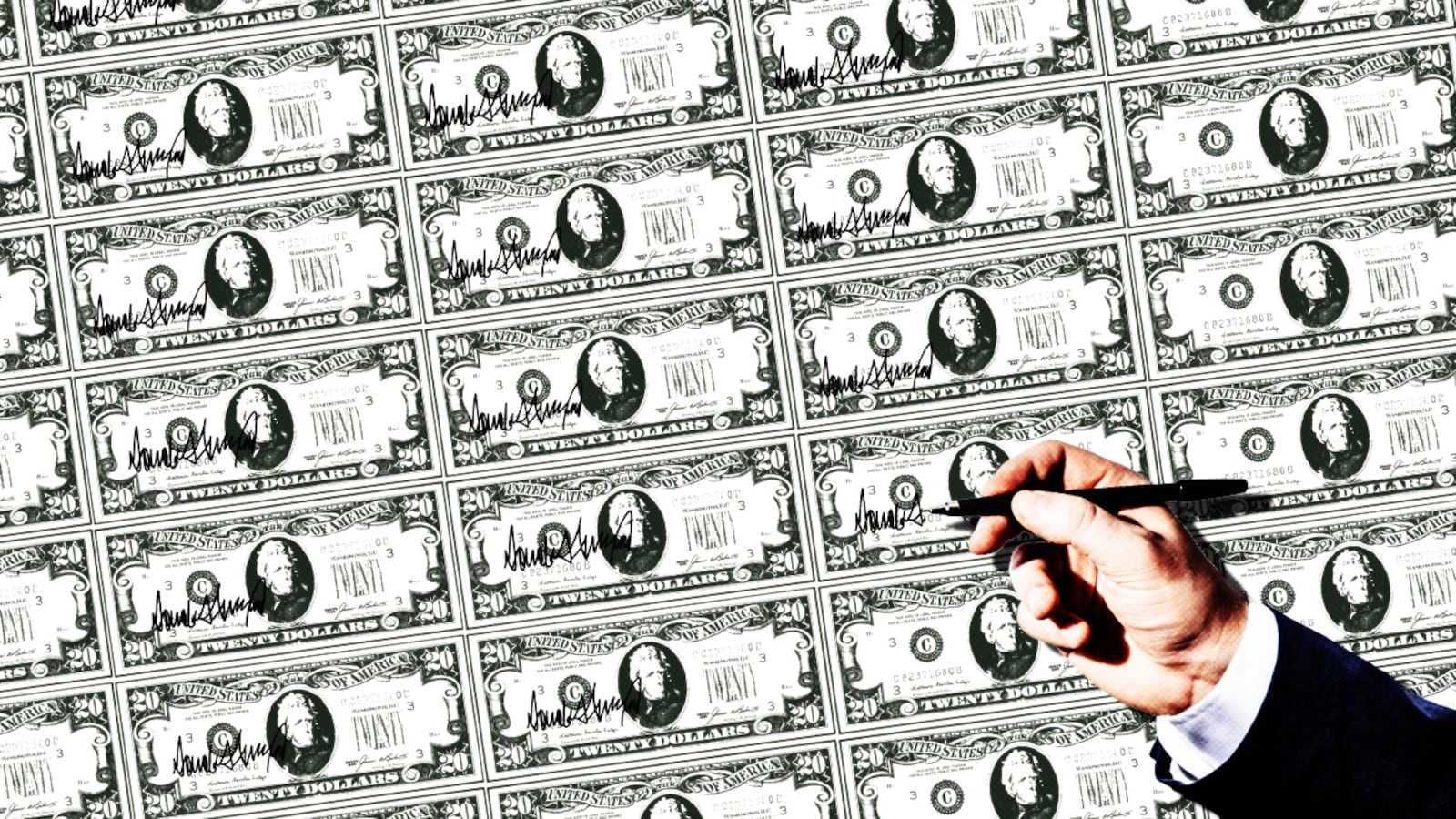 Donald Trump putting his autograph on money.