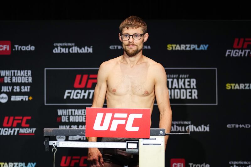 ABU DHABI, UNITED ARAB EMIRATES - JULY 25:  Bryce Mitchell poses on the scale during the UFC Fight Night official weigh-ins at Hilton Abu Dhabi Yas Island on July 25, 2025 in Yas Island, Abu Dhabi, United Arab Emirates.