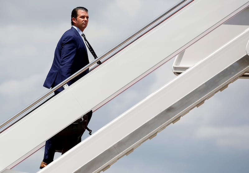 Donald Trump Jr boards Air Force One before departing for Great Falls, Montana with his father, U.S. President Donald Trump, at Joint Base Andrews, Maryland outside Washington, U.S., July 5, 2018. REUTERS/Joshua Roberts