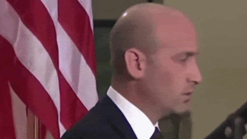 Stephen Miller taking a big sigh as Donald Trump talks about Iran during the Memphis Safe Task Force roundtable in Memphis, Tennessee on March 23, 2026.