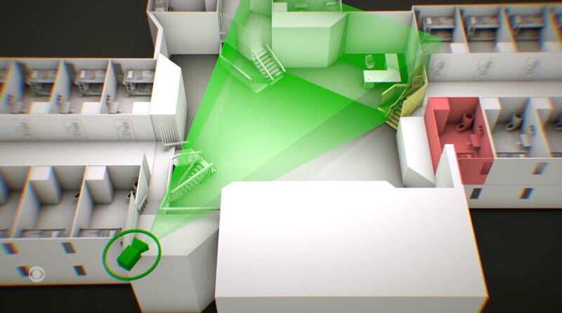 CBS reconstructed the common area where a security camera was recording on the night of Jeffrey Epstein’s death. It was able to record a guard’s station and a sliver of the staircase leading to Epstein’s cell, which is highlighted red, but not the entry to the common area.