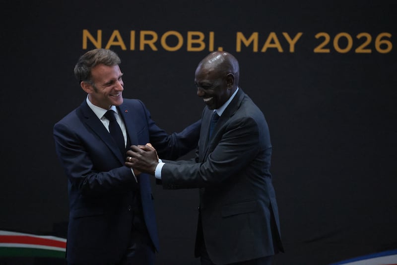 France's President Emmanuel Macron (L) shakes hands with Kenya's President William Ruto (R) during the signing of bilateral agreements at State House ahead of the Africa Forward: Africa- France Partnerships for Innovation and Growth Summit in Nairobi, on May 10, 2026. Kenya and France will jointly host the "Africa Forward: Africa- France Partnerships for Innovation and Growth" Summit, which will bring together African and French Heads of State and Government.